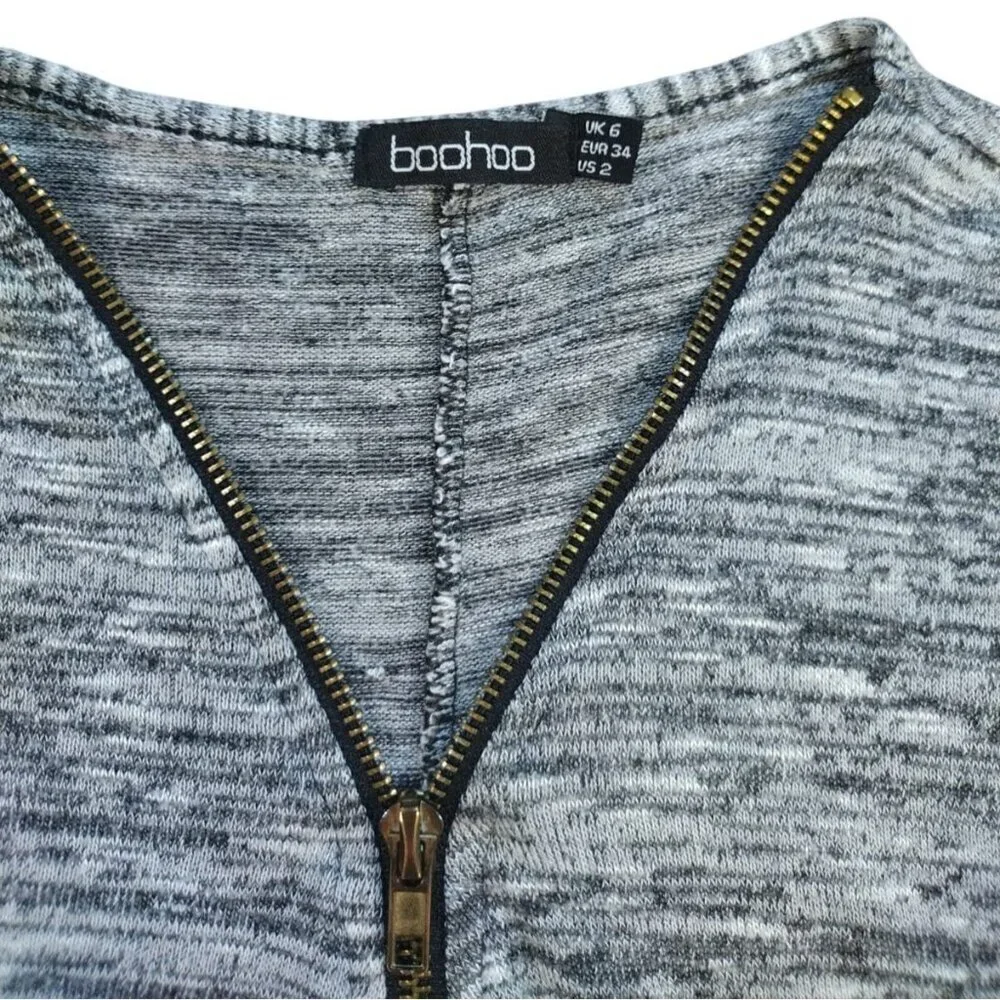 Boohoo Heathered Gray Batwing Zip Front Oversized Knit Top Size 2 3/4 Sleeve.